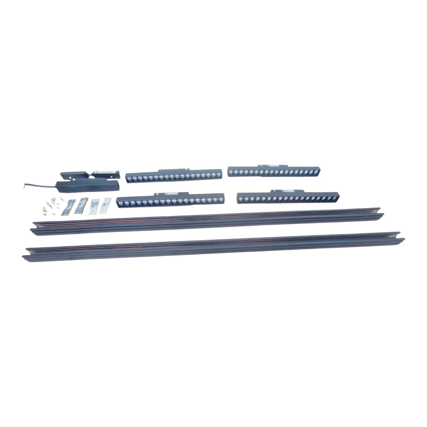 A set of automotive LED light bars and mounting hardware arranged on a plain white background.