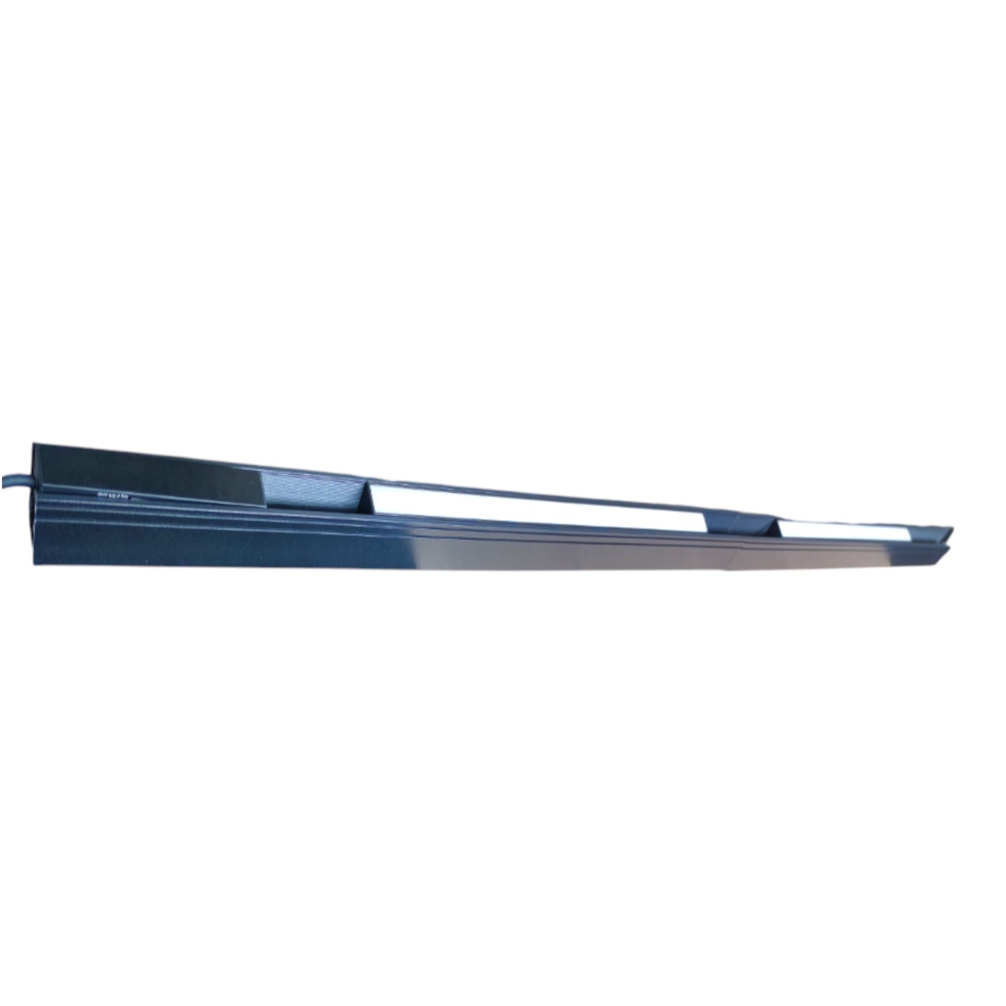A long, narrow blue-gray metal fixture or trim piece shown in side view on a plain white background.