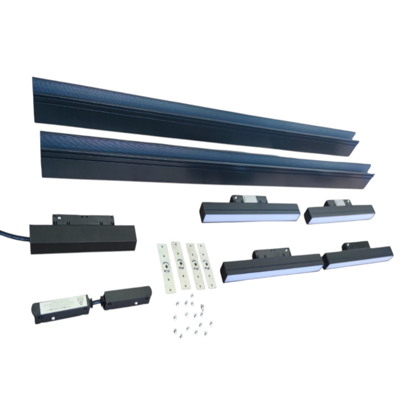 A set of black metal track or guide rails with electronic sensors, mounting brackets, and small hardware pieces arranged on a plain white background.