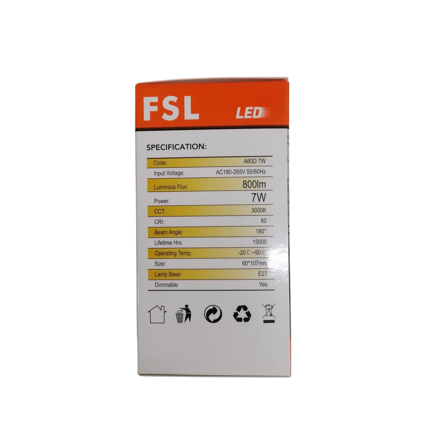 FSL Dimmable LED Bulb 7W 180-265V Warm White Lm500 BA60D-7WW 3000K
