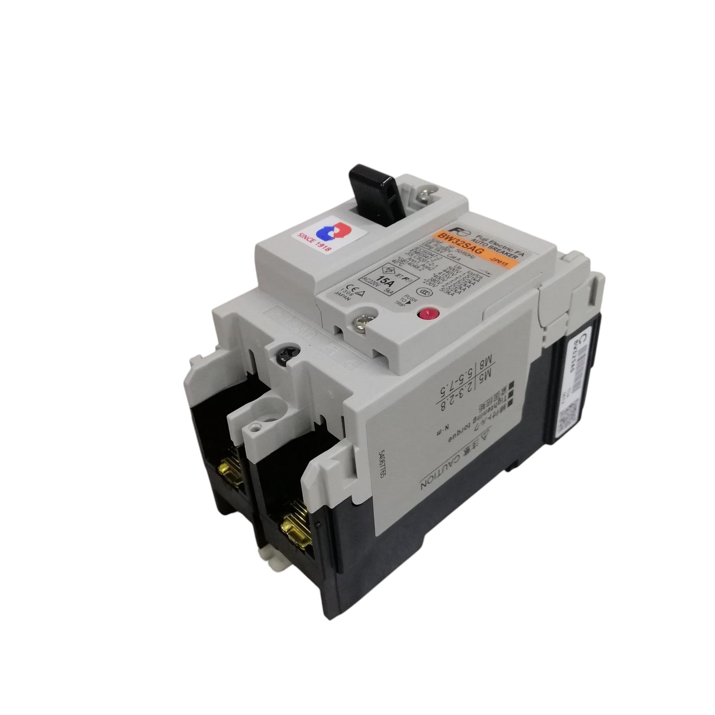 Fuji MCCB Molded Case Circuit Breaker BW32SAG-CE 15A 2Pole 5kAIC@230VAC, 2.5kAIC@380/440VAC, 1.5kAIC@500VAC Dimension 50(W)x 100(H)x 60(D)