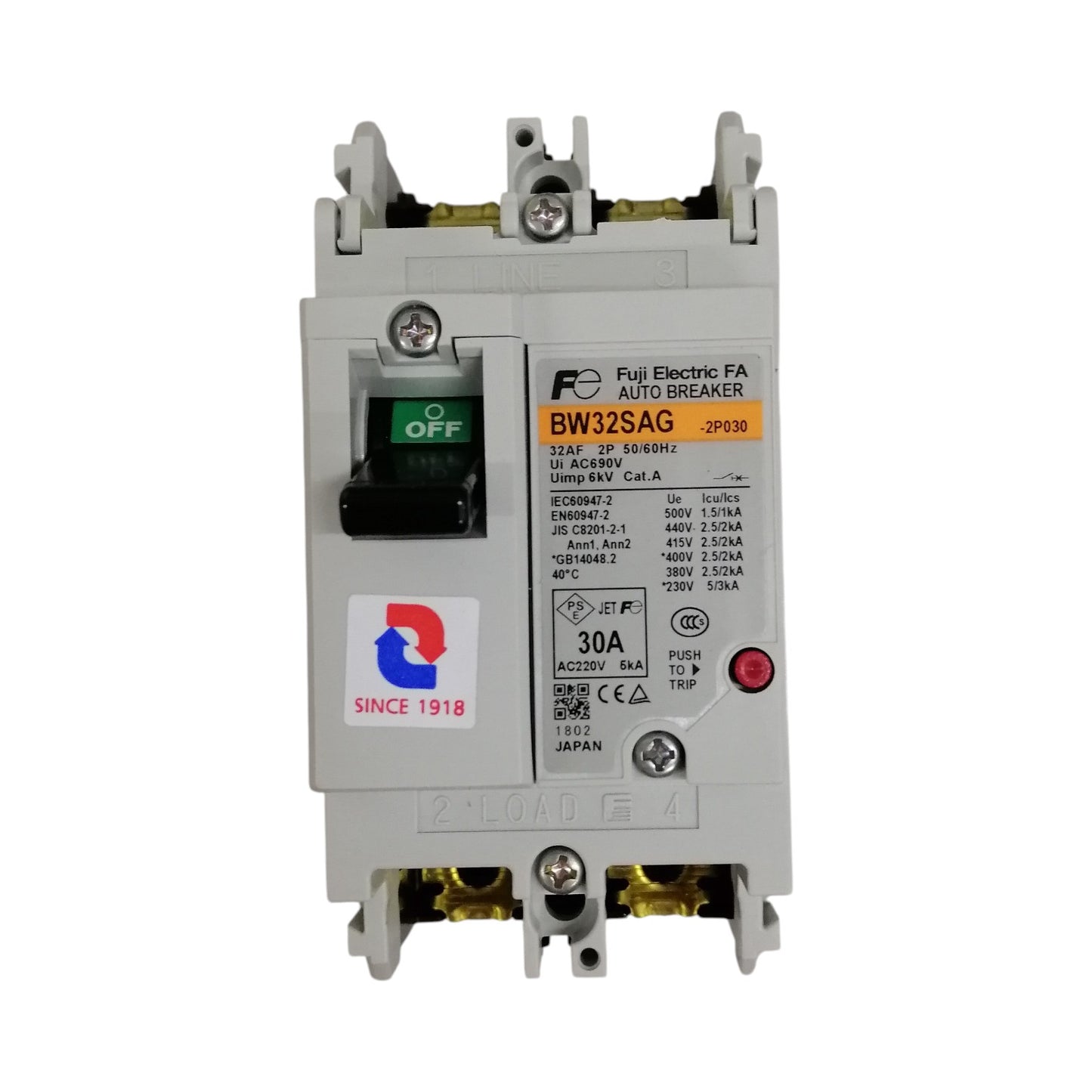 Fuji MCCB Molded Case Circuit Breaker BW32SAG-CE 30A 2Pole 5kAIC@230VAC, 2.5kAIC@380/440VAC, 1.5kAIC@500VAC Dimension 50(W)x 100(H)x 60(D)