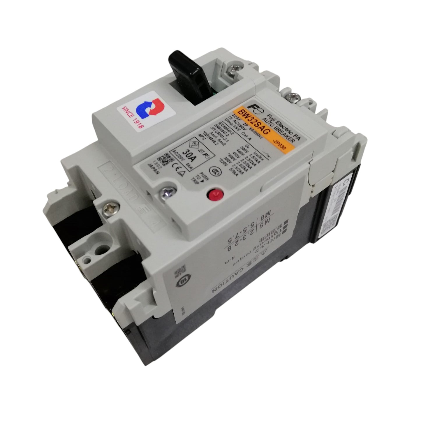 Fuji MCCB Molded Case Circuit Breaker BW32SAG-CE 30A 2Pole 5kAIC@230VAC, 2.5kAIC@380/440VAC, 1.5kAIC@500VAC Dimension 50(W)x 100(H)x 60(D)