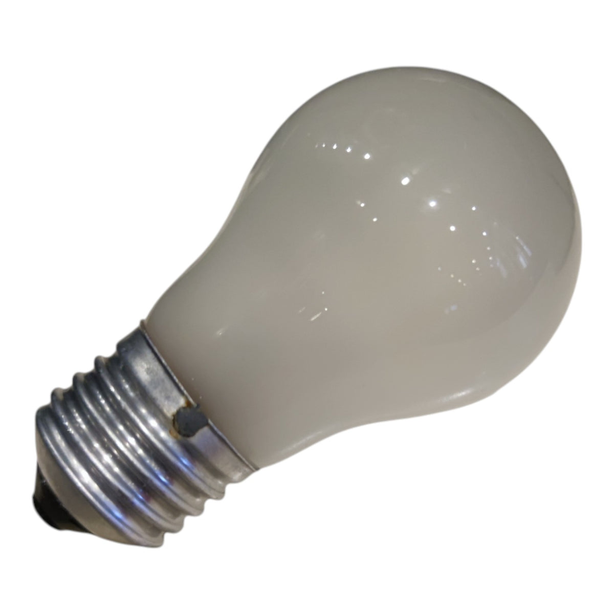 A standard A19-style incandescent light bulb with a frosted glass body and a silver metal screw base, shown against a plain white background.
