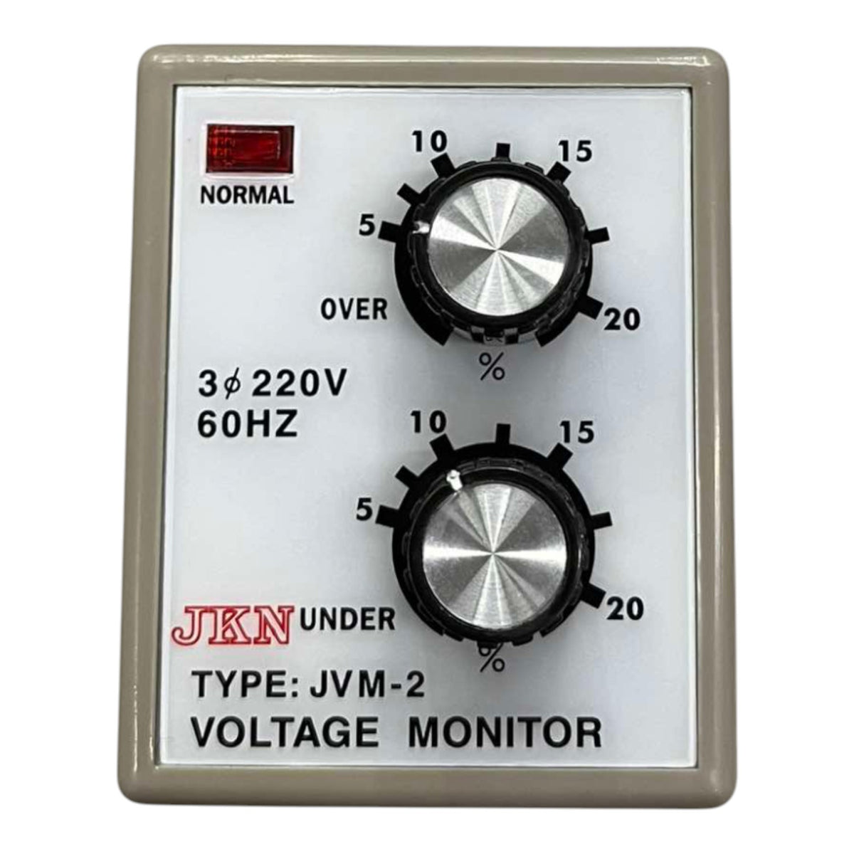 JKN JVM-2 Voltage Monitor electrical control panel with two black and silver dials, a red normal indicator light, and printed technical specifications on a white faceplate.
