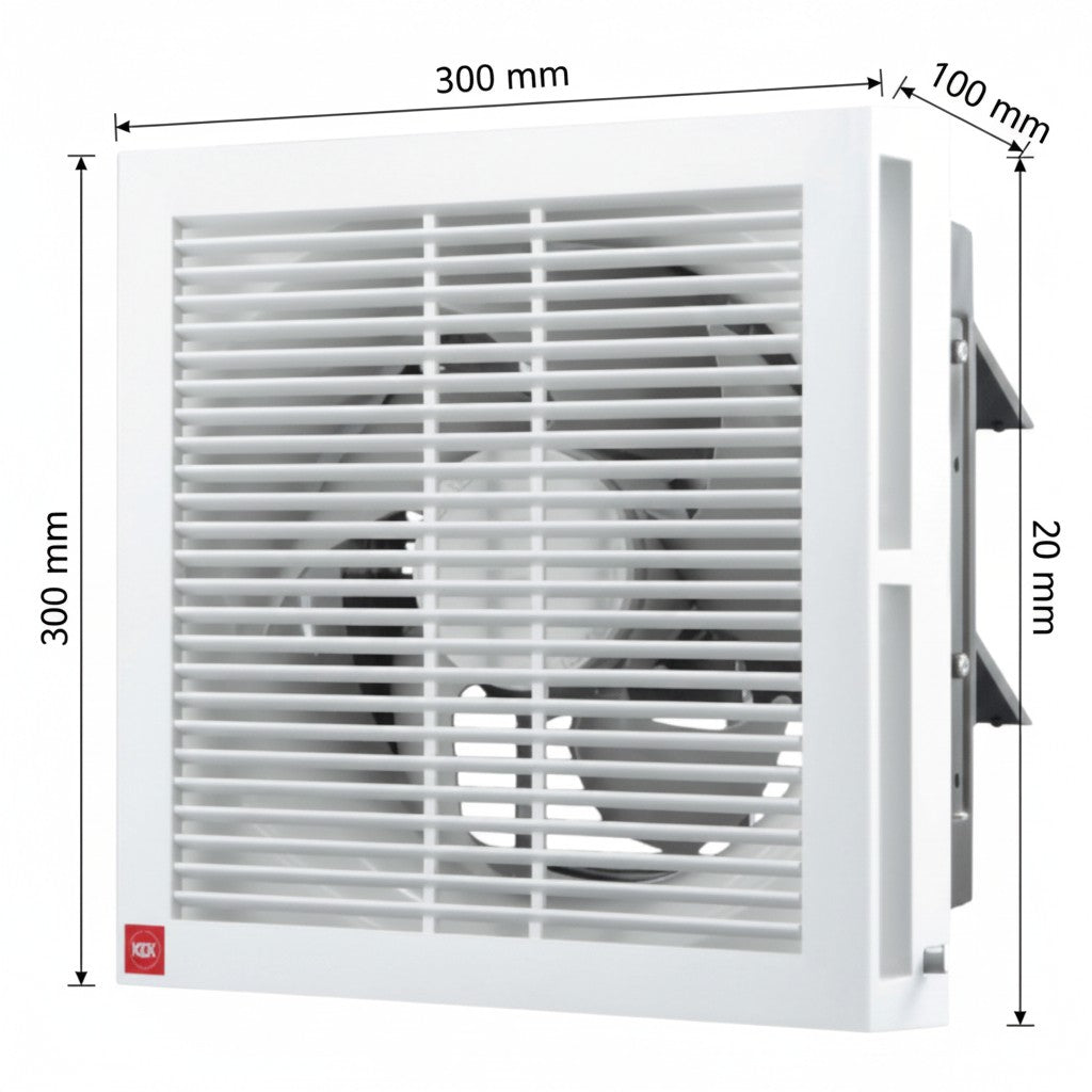 White wall-mounted ventilation fan with front grille and dimension markings showing 300 mm width, 300 mm height, 100 mm depth, and 20 mm frame thickness. A small red AQC logo is visible at the bottom left.