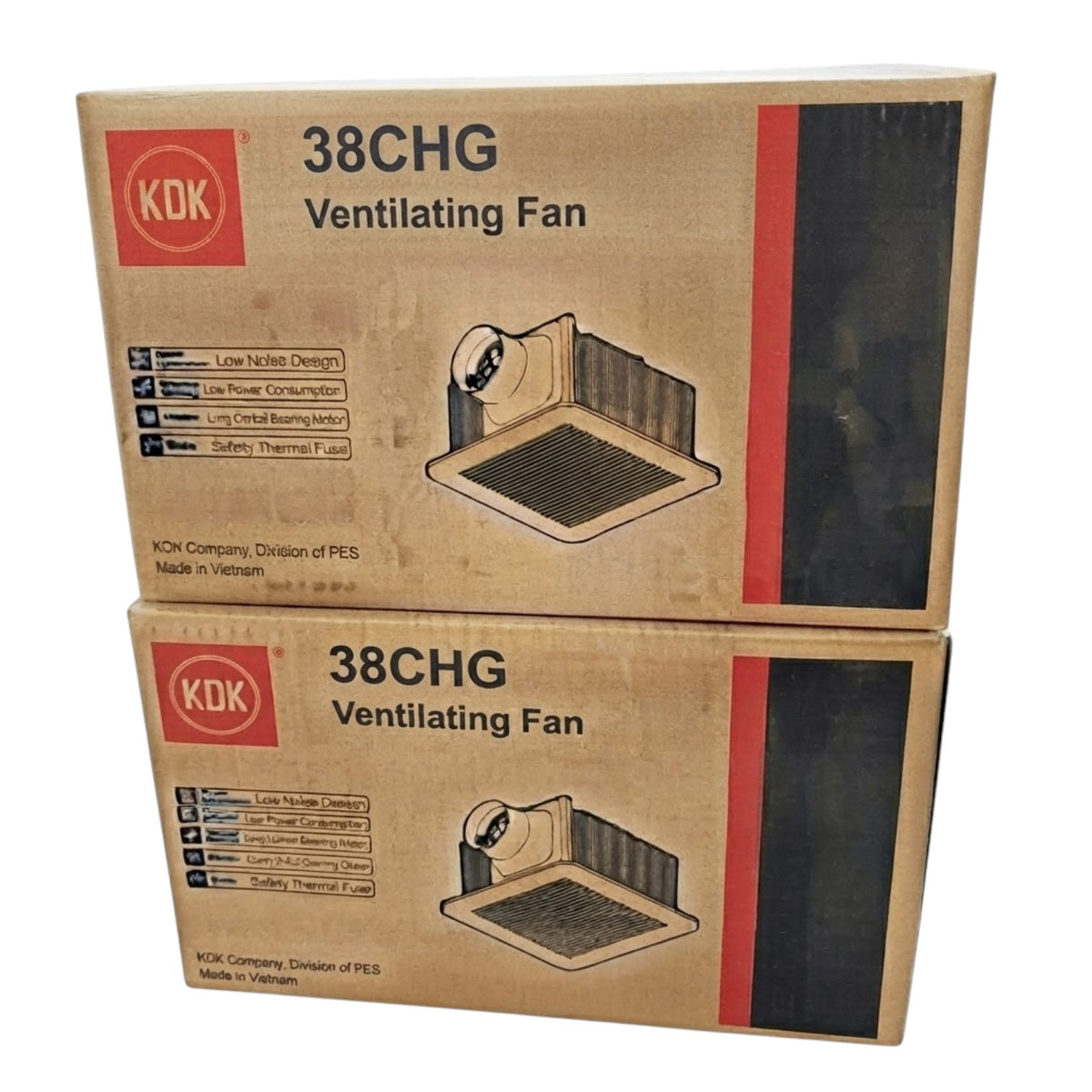 Two stacked brown cardboard boxes of KDK 38CHG Ventilating Fan on a plain white background.