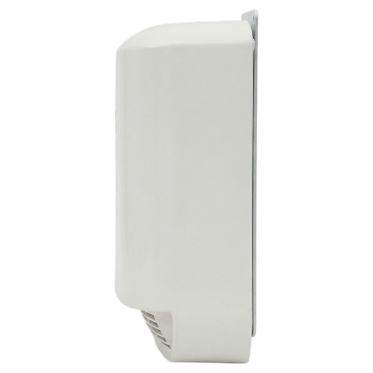 A white wall-mounted dispenser unit shown in a side profile view against a plain white background.