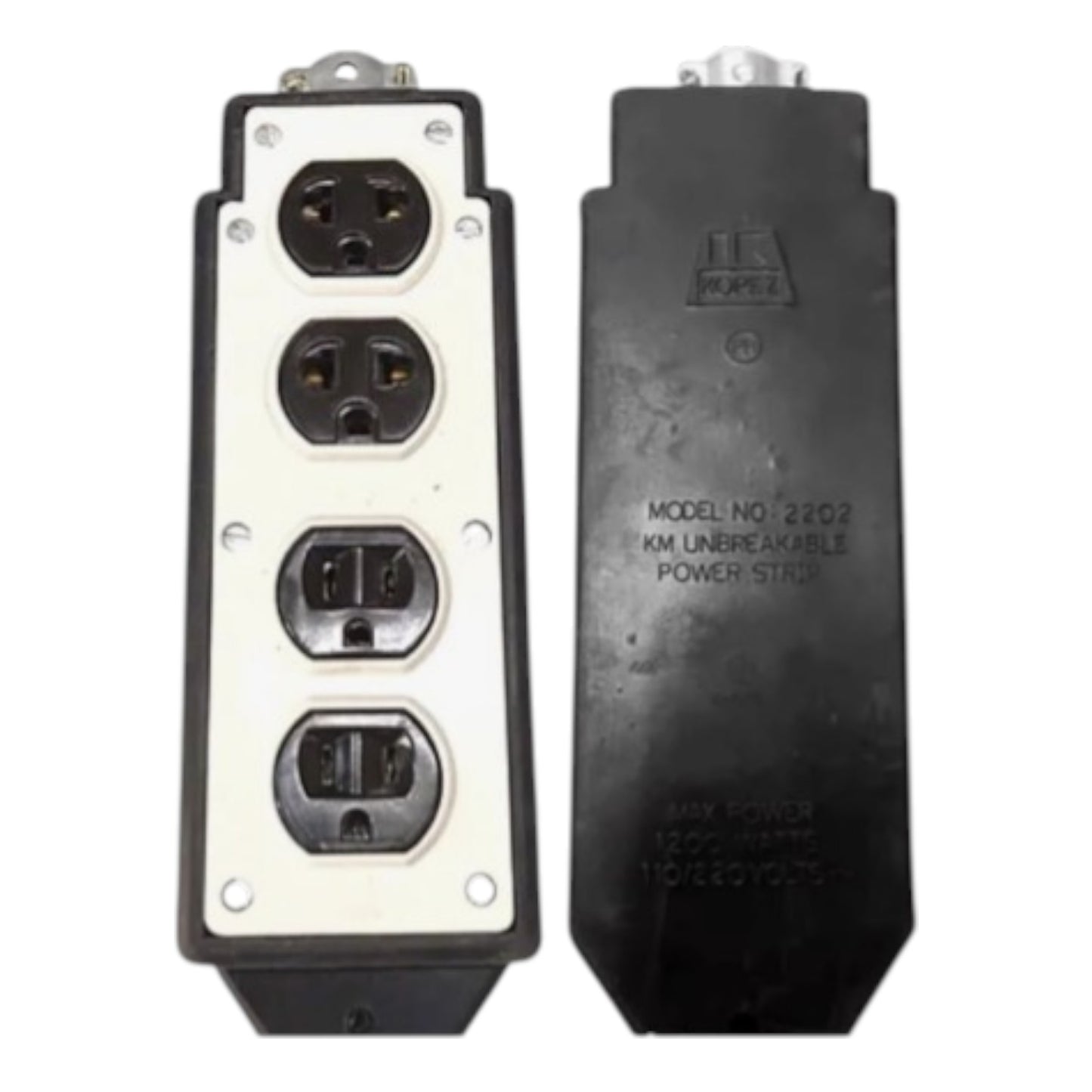 Electrical power strip with multiple outlets and a black power stack on a white background
