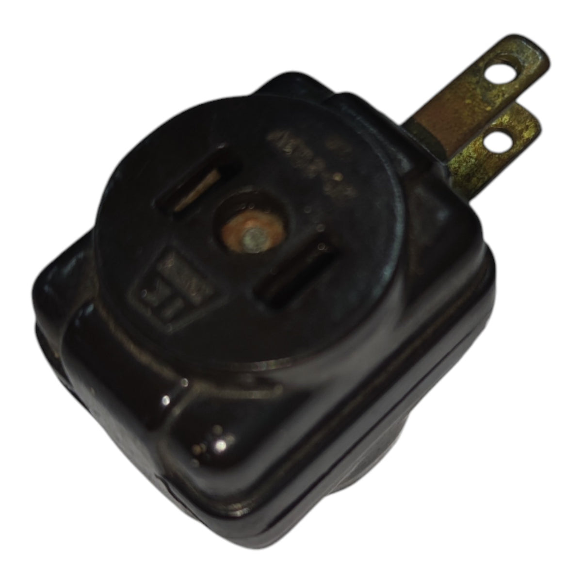 A black plastic electrical outlet switch with a single brass-colored terminal, shown on a plain white background.