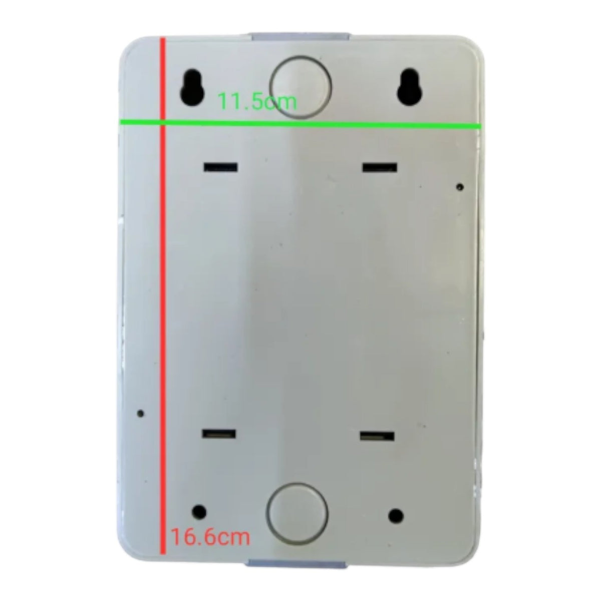 A white rectangular wall plate or mounting backplate shown on a white background with red and green measurement lines and dimensions labeled 11.50cm and 16.