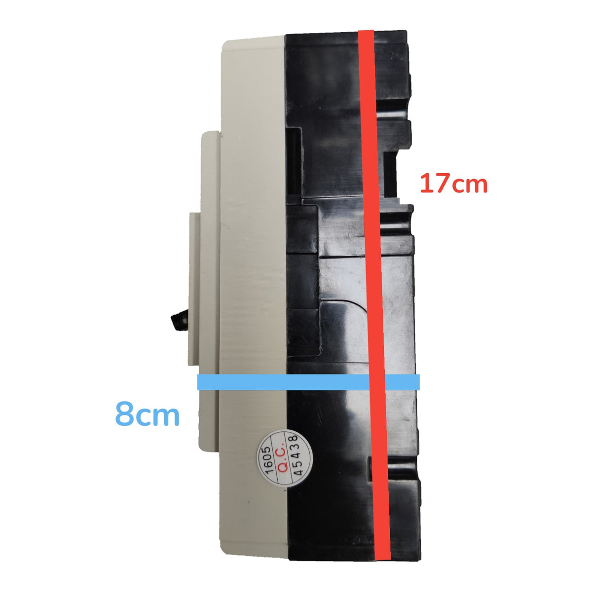 A side view of a compact electronic device with dimension annotations showing a height of 17cm, a width of 8cm, and a depth of 12.5cm (from the circular 1/4 inch 49-251 sticker).