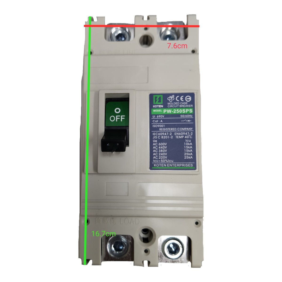 A Koten industrial circuit breaker with dimension overlays showing 7.6cm width and 16.6cm height on a plain white background.