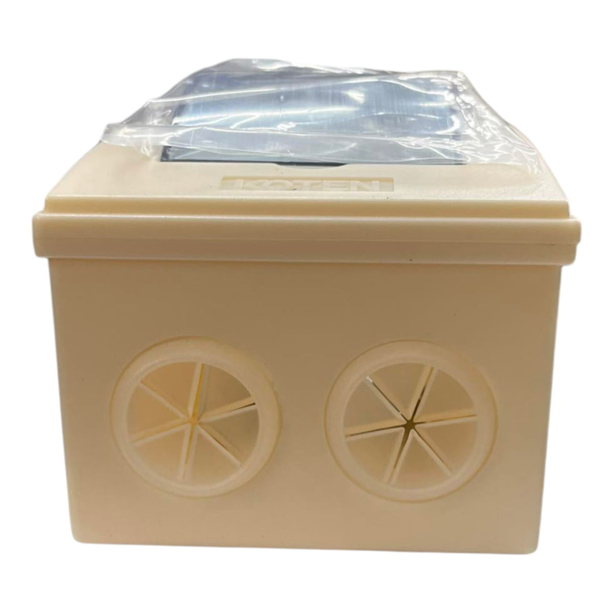 Beige rectangular box with two circular vents on a white background