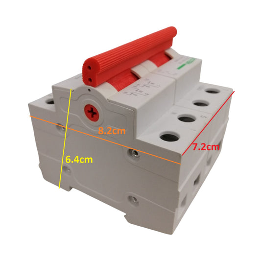 Electrical circuit breaker with red handle and measurements on a white background