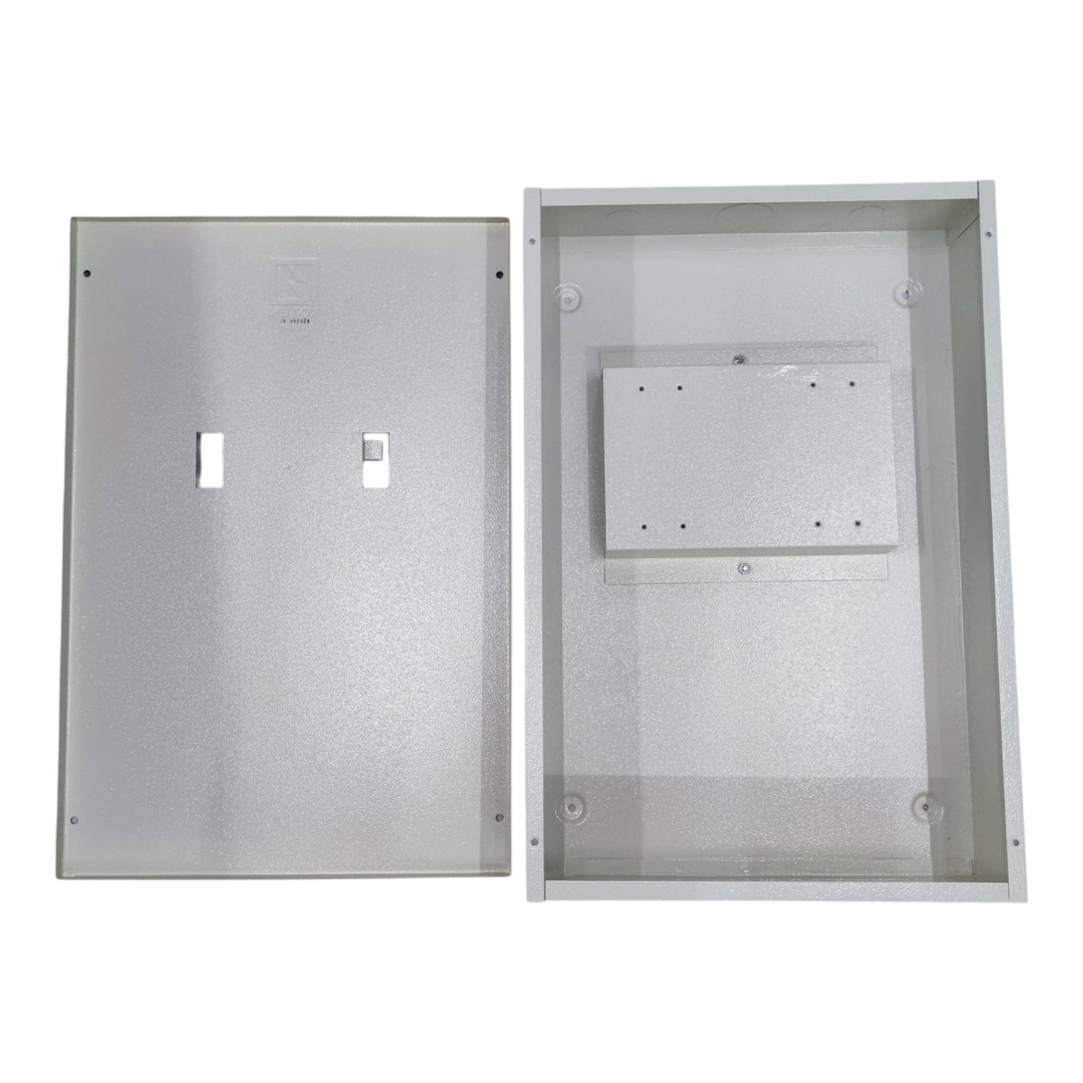 Metal enclosure with a cover on a white background