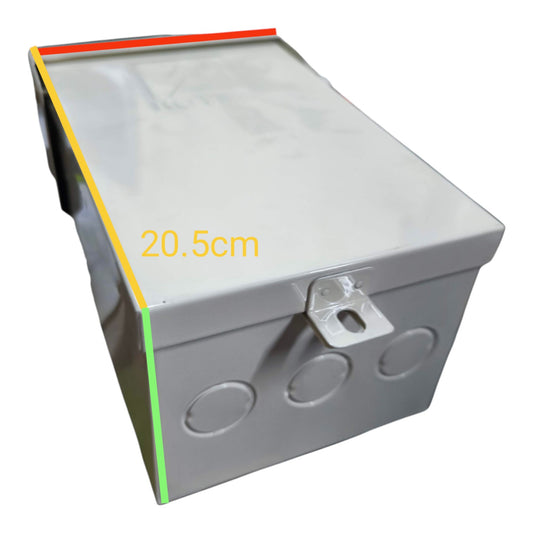 Gray metal box with dimensions indicated on a white background