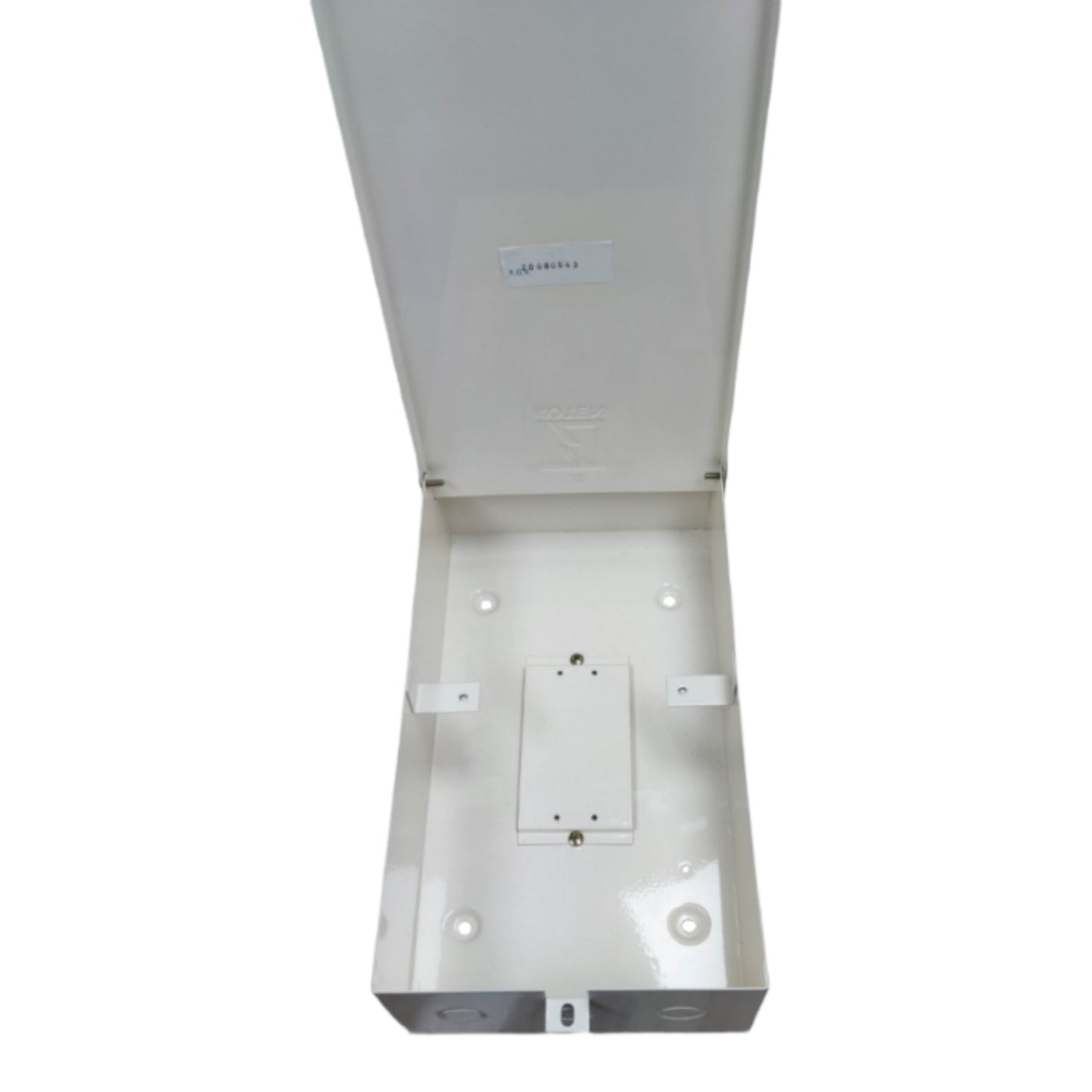 White electronic device with a label on a white background