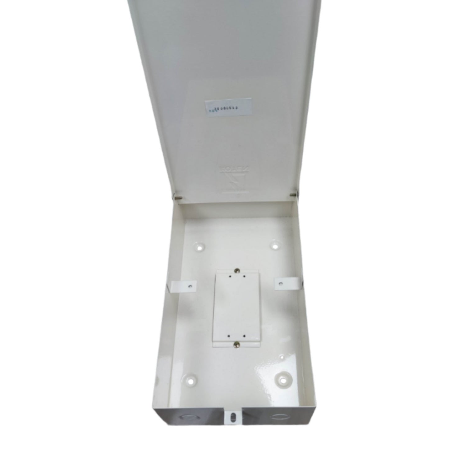 White electronic device with a label on a white background
