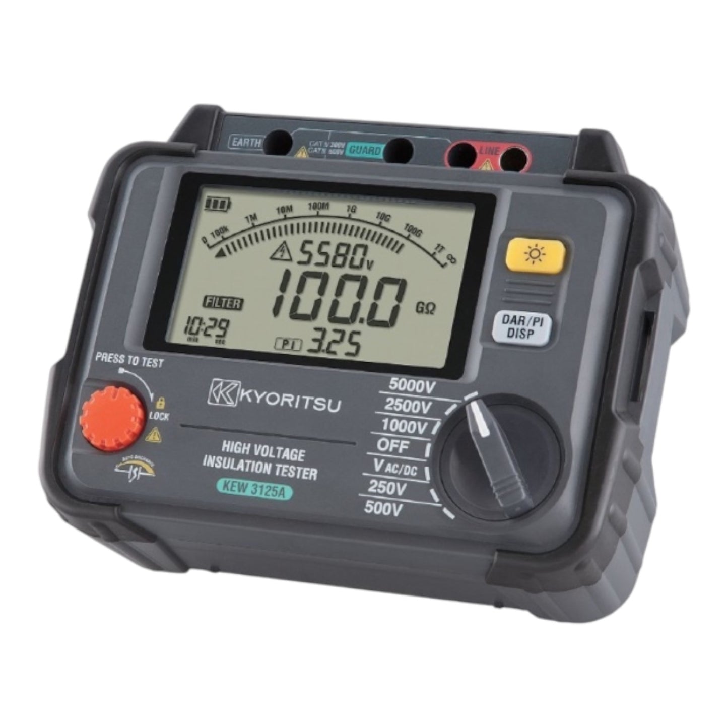 A Kyoritsu high voltage insulation tester, model KEW 3125A, featuring a rugged dark gray plastic casing, a large backlit LCD display, a prominent orange test button, and a rotary dial, shown on a solid white background.