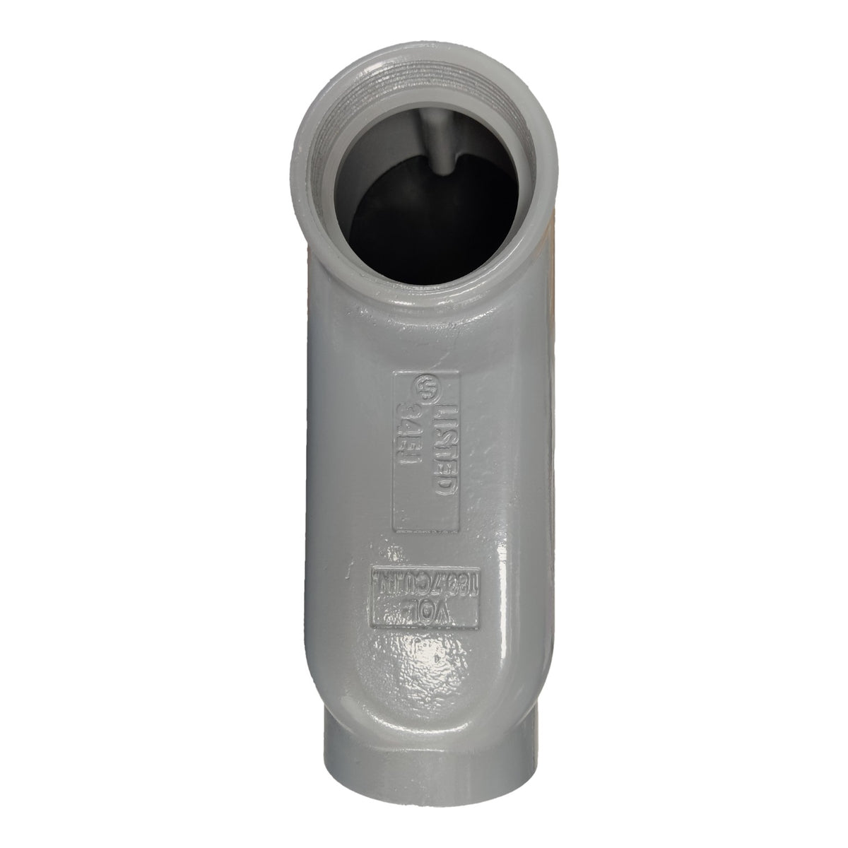 Gray metal pipe fitting on a white background