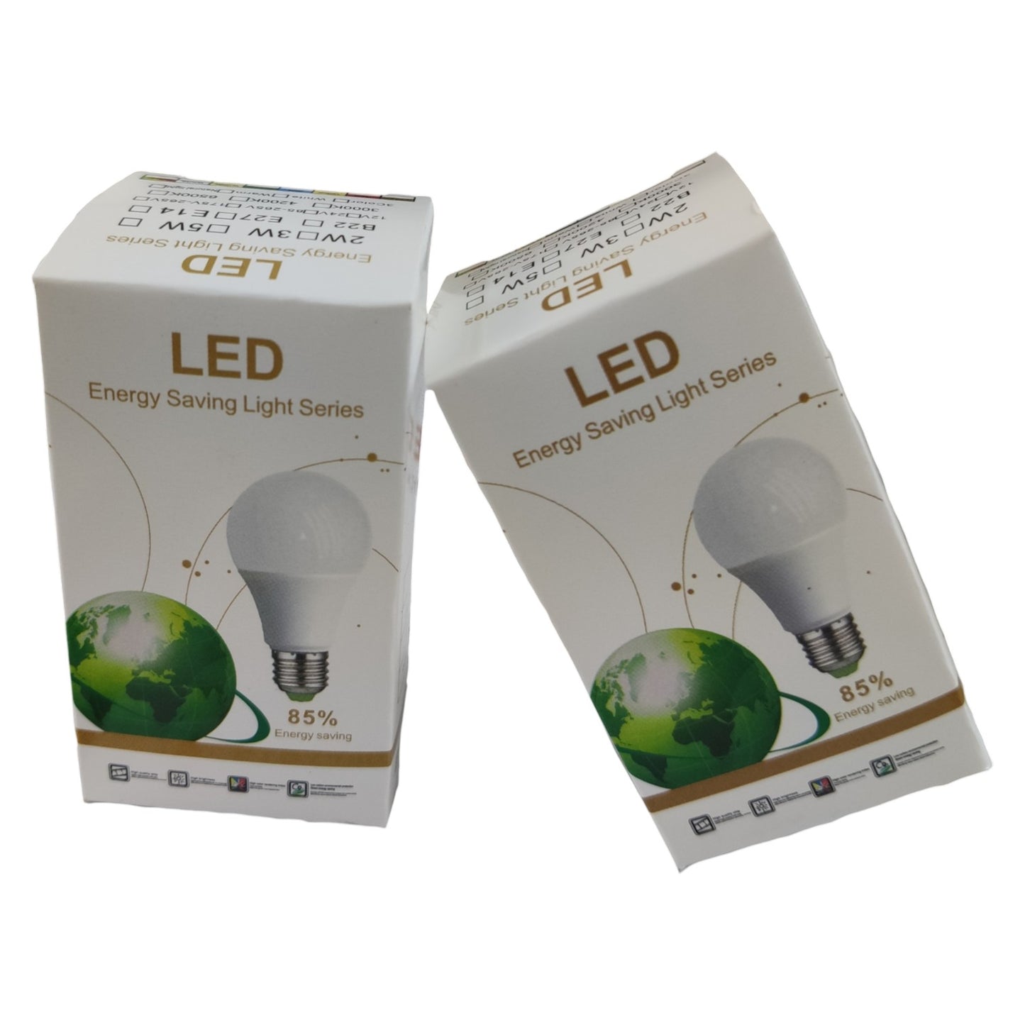 Two LED energy saving light bulbs with their packaging on a white background