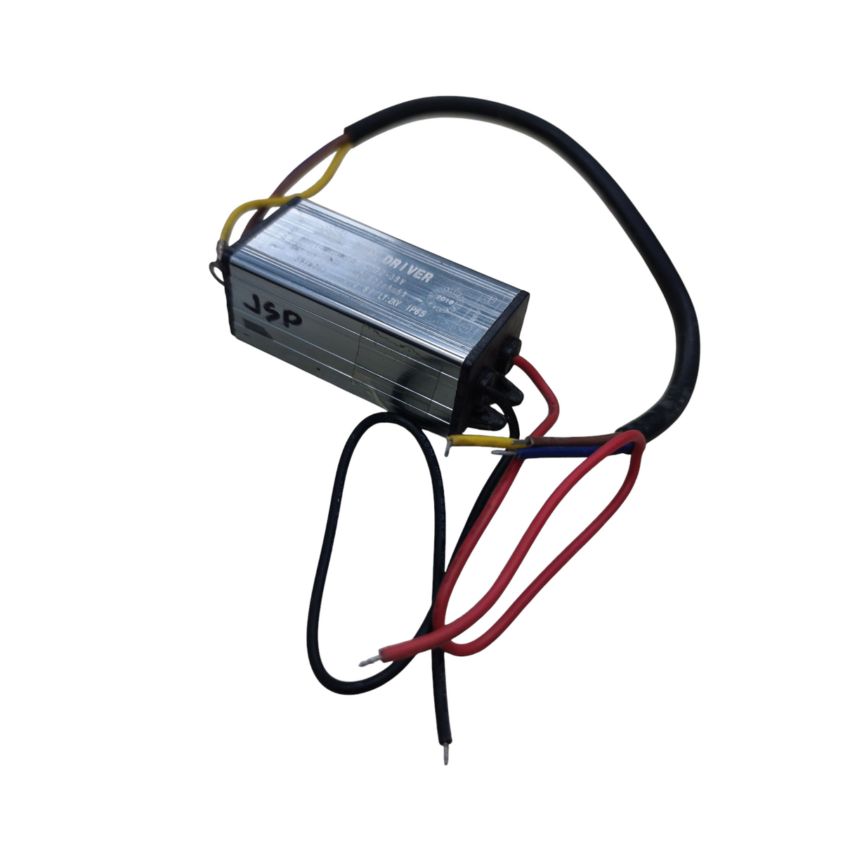 Rectangular electronic component with wires on a white background