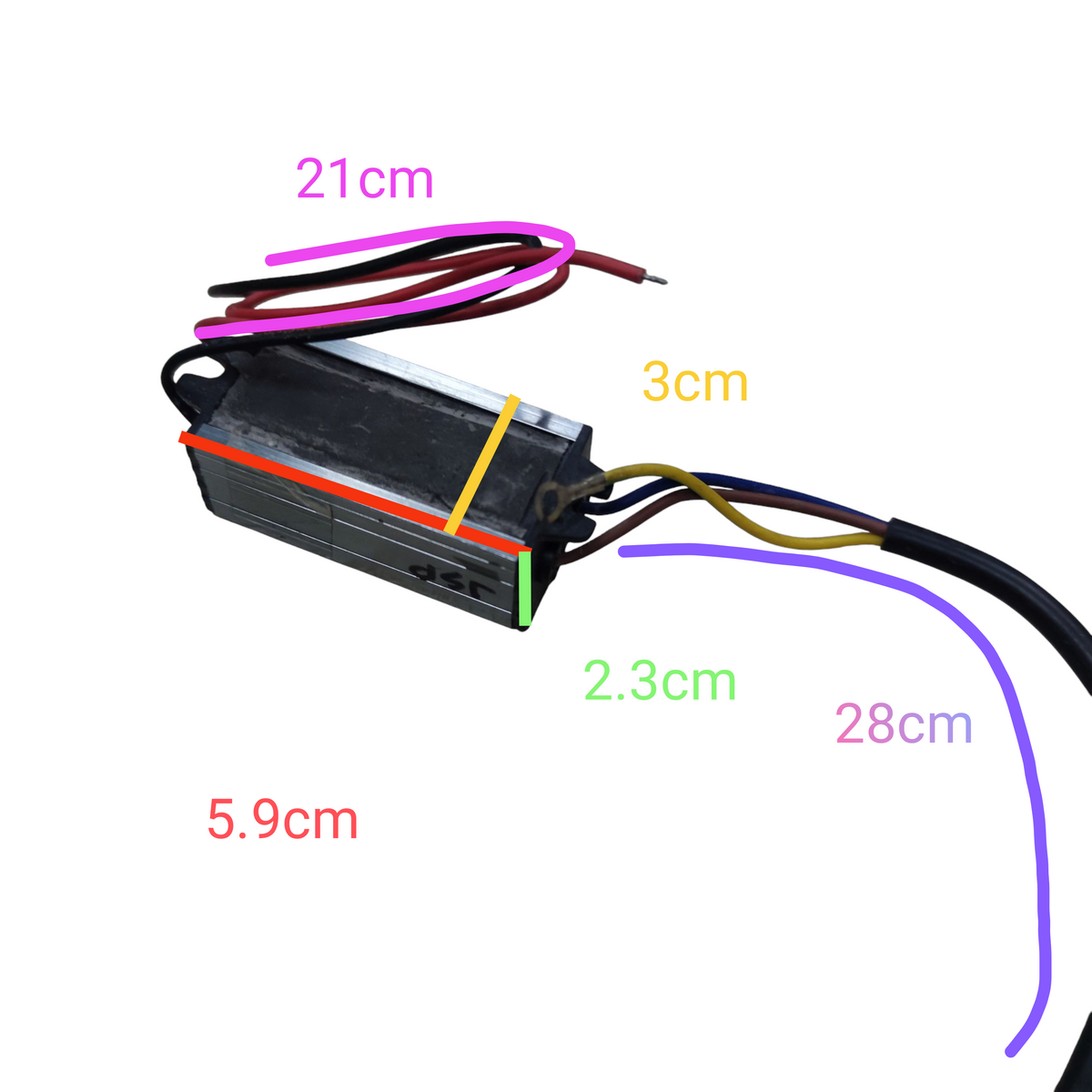 Electronic component with labeled wire lengths on a white background