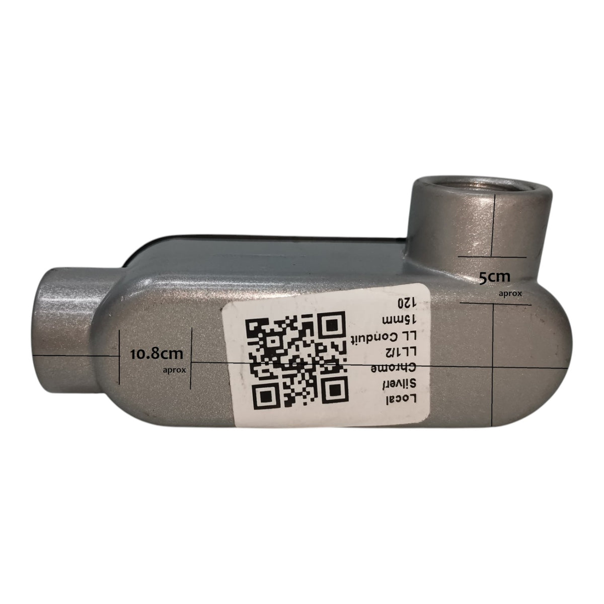Metal pipe fitting with a QR code label on a white background