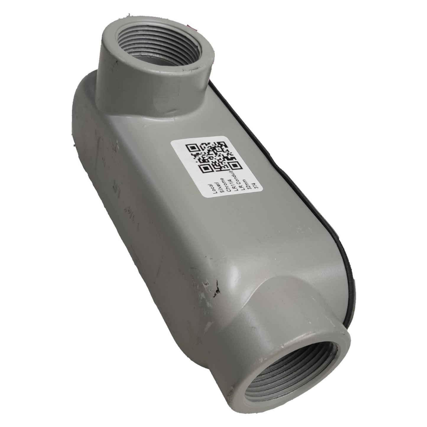 Gray pipe fitting with a QR code label on a white background