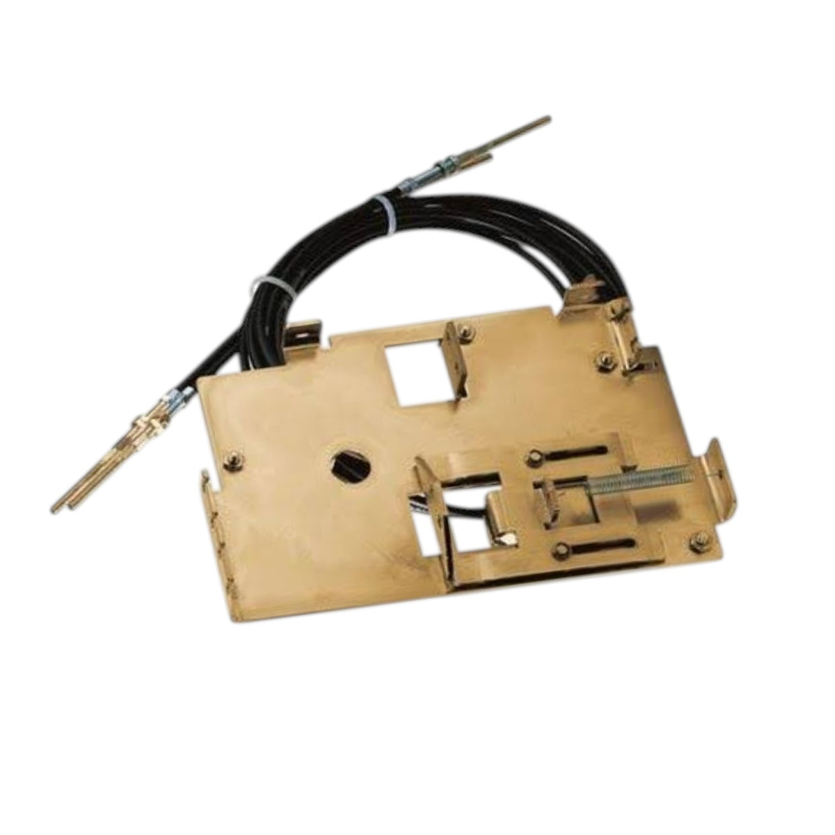A brass door pull handle mechanism with a black cable and metal rods, isolated on a white background.