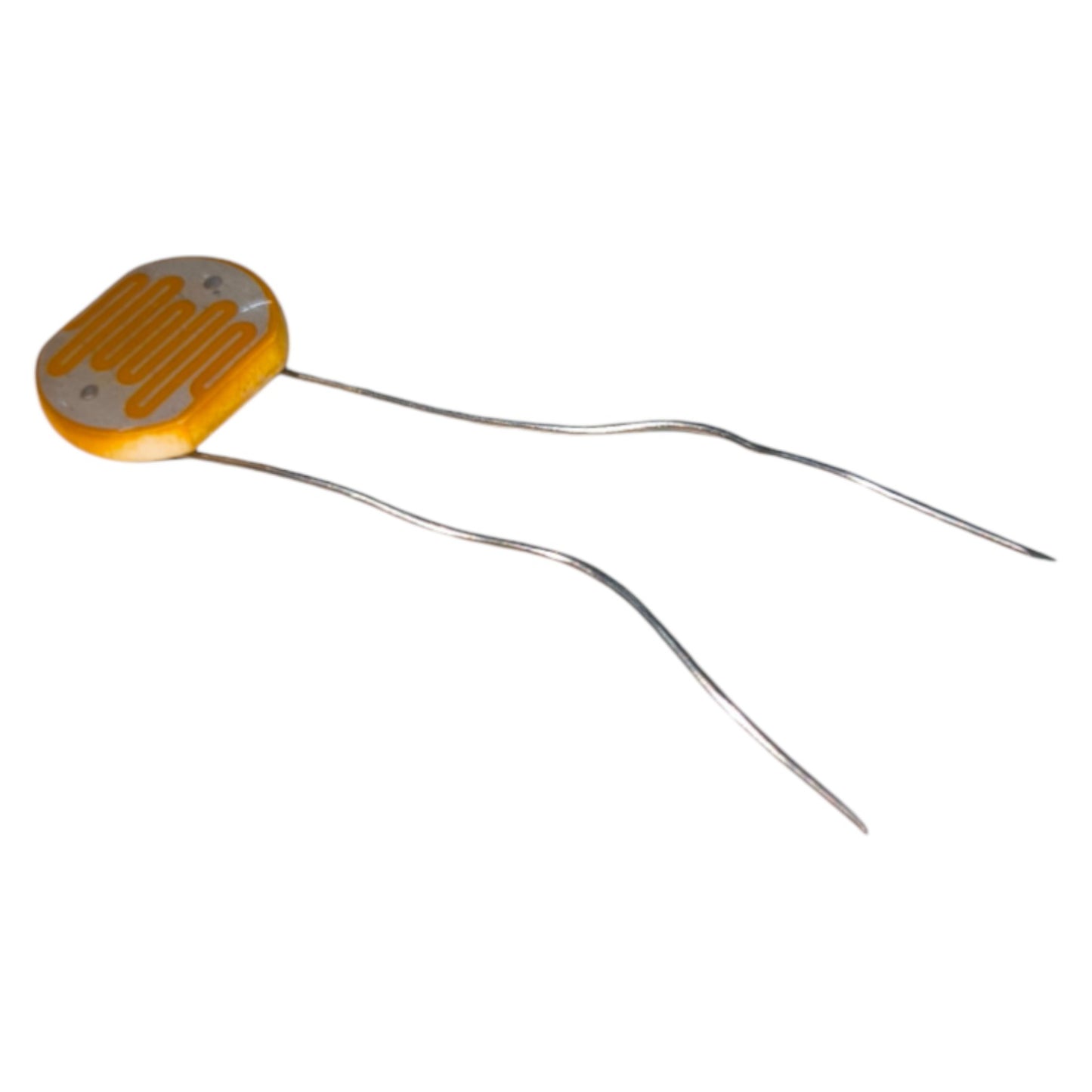 Yellow and silver electronic component on a white background