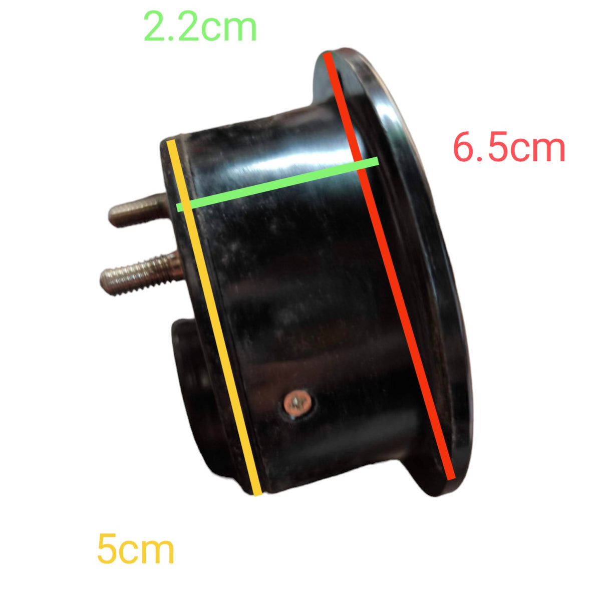 A black cylindrical mechanical part with two metal studs, shown on a white background with colored measurement lines and text labels indicating dimensions 2.2cm, 6.