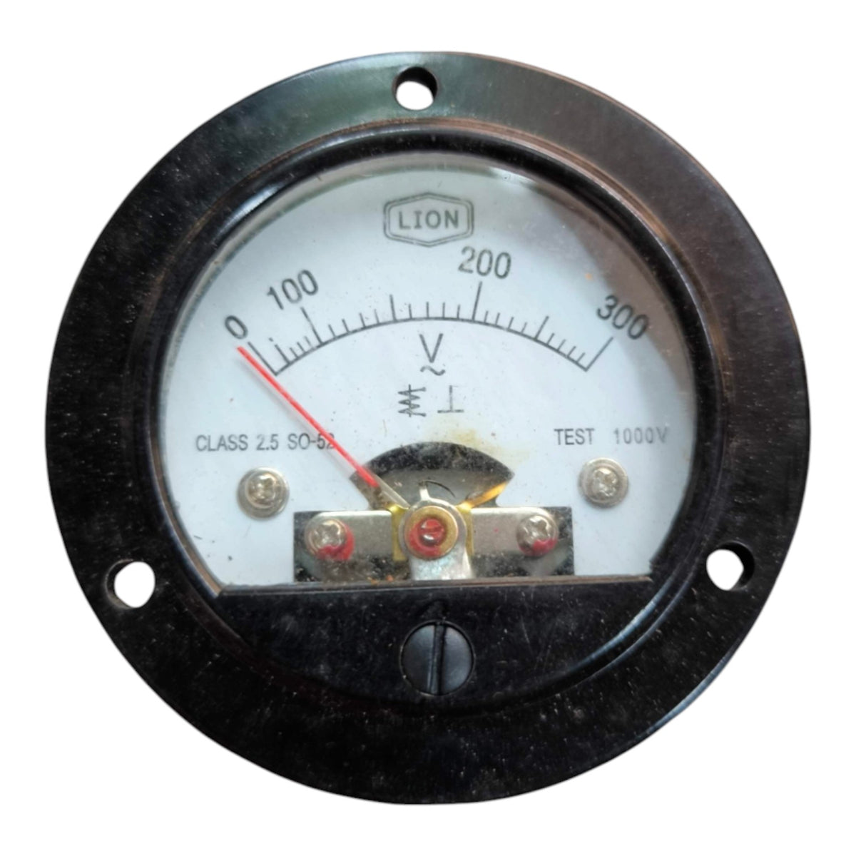 A round industrial analog voltage gauge with a black metal housing and a white dial face. The brand name 'LION' is printed at the top of the dial, and the needle is pointing near the zero mark.