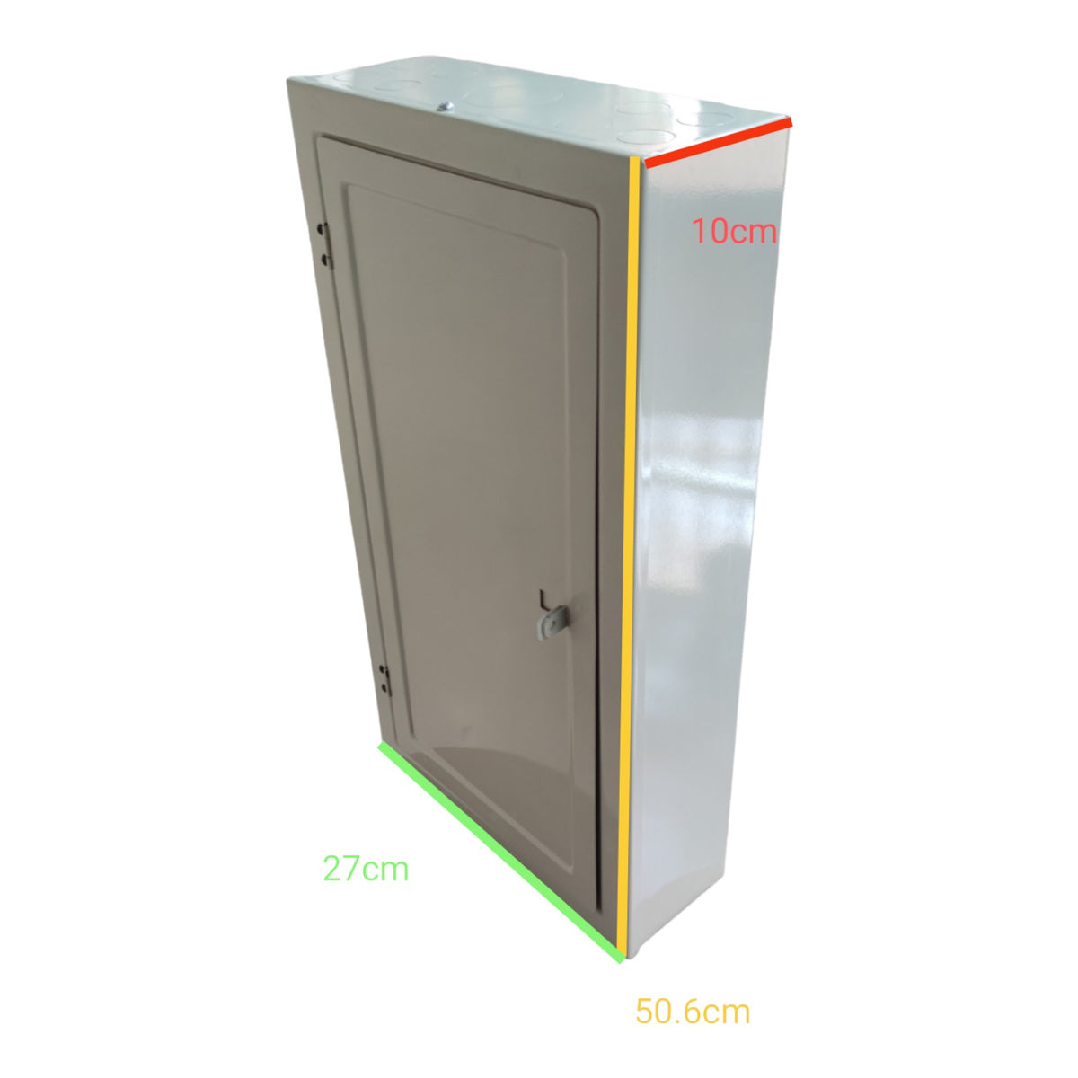 Metallic box with dimensions labeled on a white background Local 14 Branches Panel Board 2 Pole Main 2 Pole Branches For Miniature Circuit Breaker Surface Type Metal Base Electx Electrical Supply