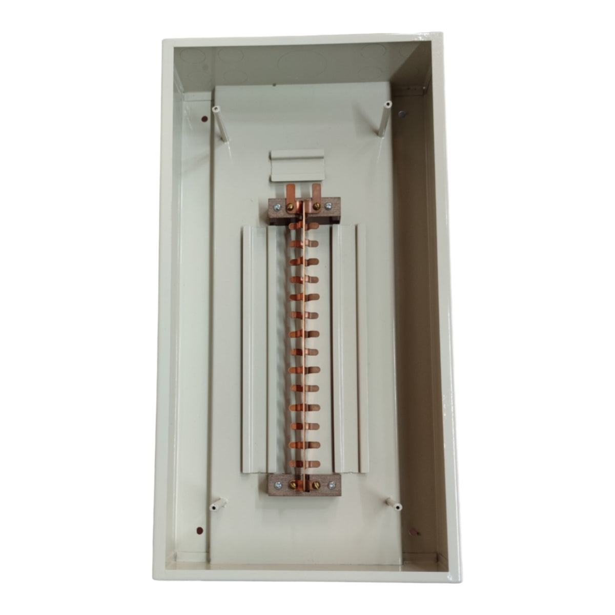 Electrical panel with copper busbars inside a white box on a white Local 14 Branches Panel Board 2 Pole Main 2 Pole Branches For Miniature Circuit Breaker Surface Type Metal Base Electx Electrical Supplybackground