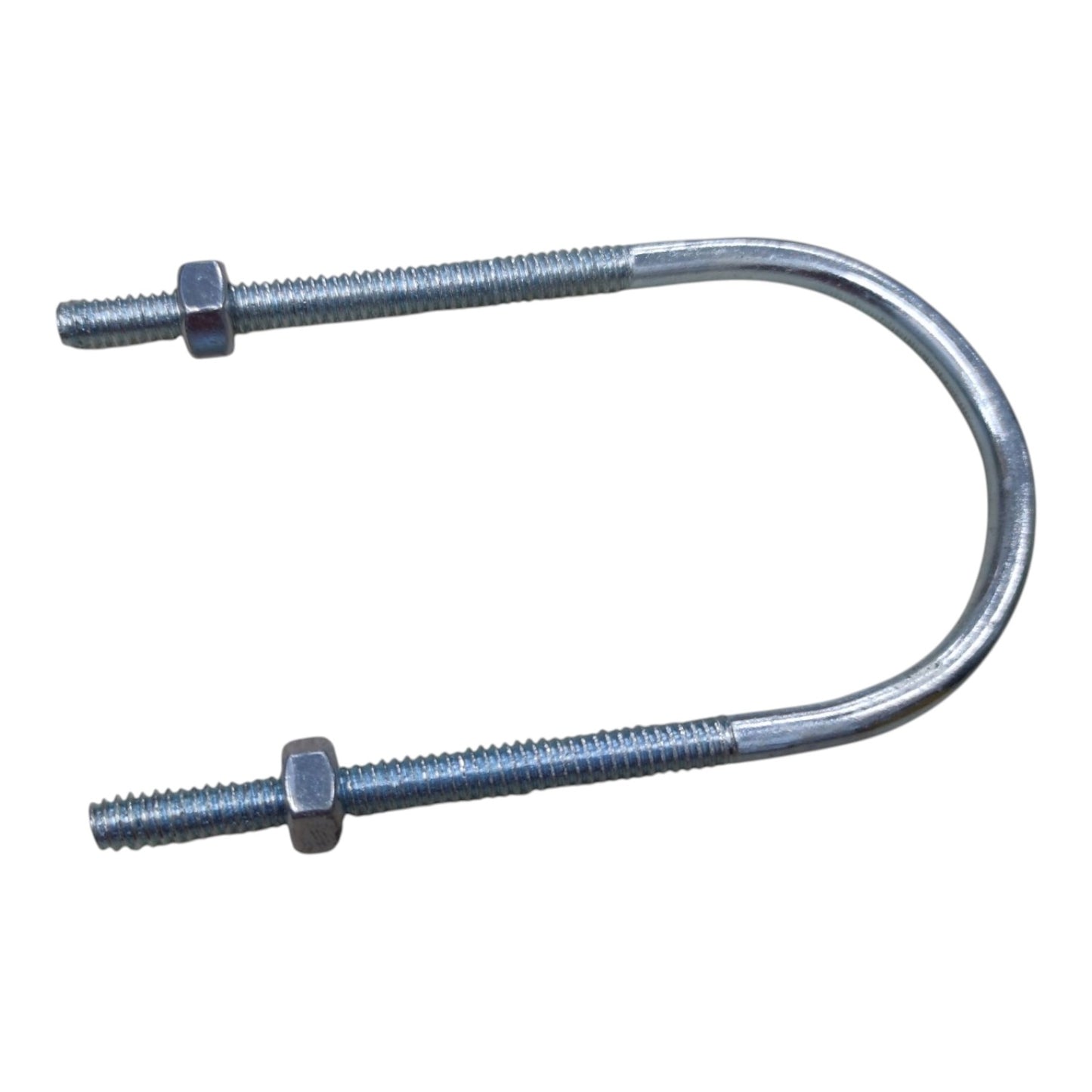 A galvanized steel U-bolt with two threaded ends secured by hex nuts, shown on a plain white background.