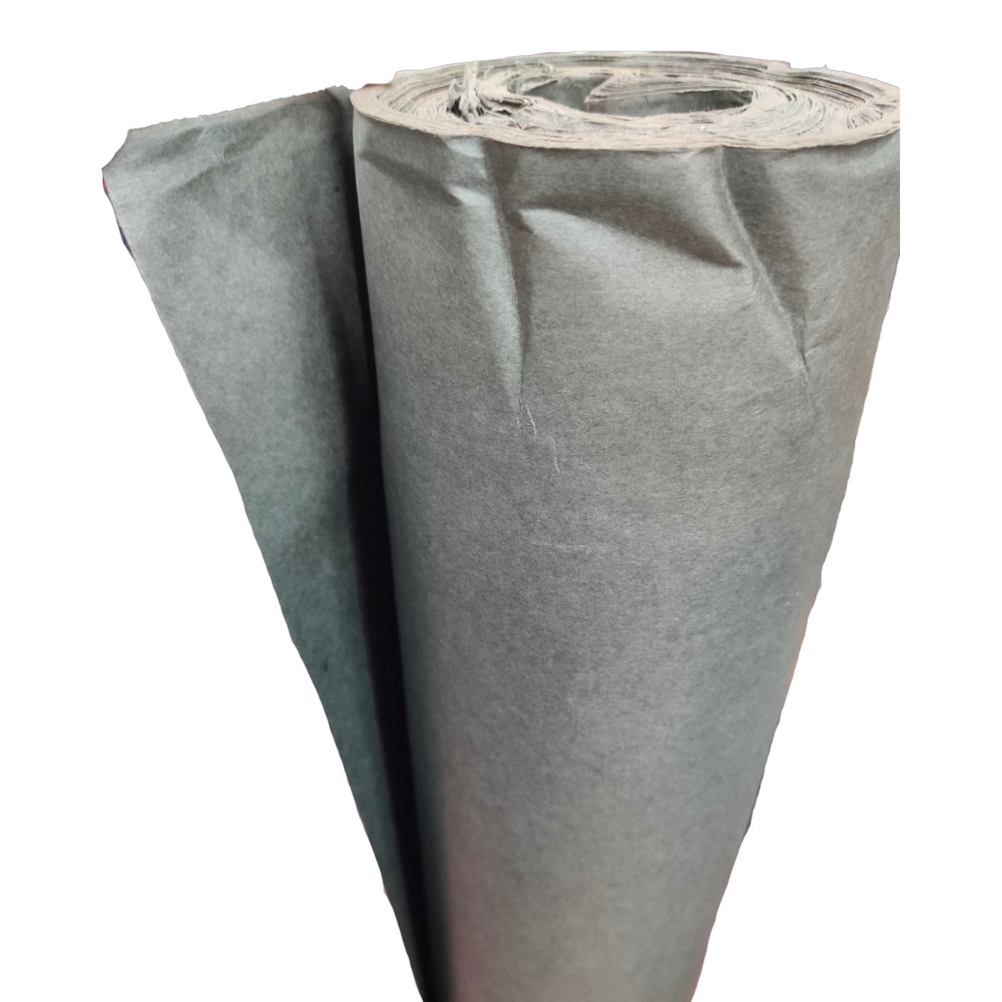 A roll of gray textured material, likely paper or fabric, with one side unrolled to show the surface texture, set against a plain white background.