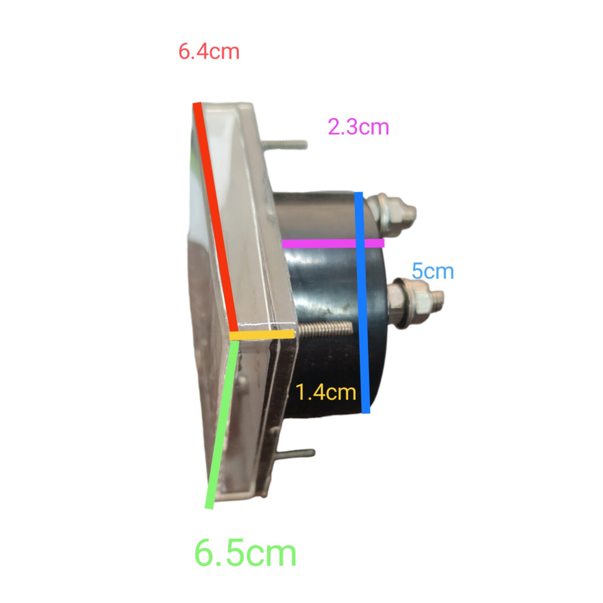 A metal cylindrical component with mounting tabs, shown on a white background with colored measurement lines and text labels indicating dimensions: 6.4cm, 2.