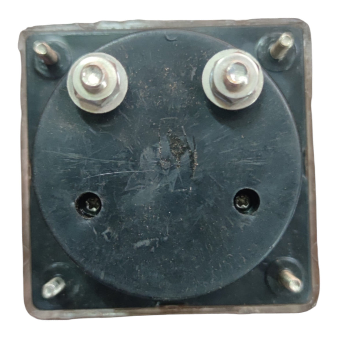 A square black electrical component or terminal block with a circular center plate, two silver screw terminals at the top, and four metal pins around the outer edge, shown on a plain white background.