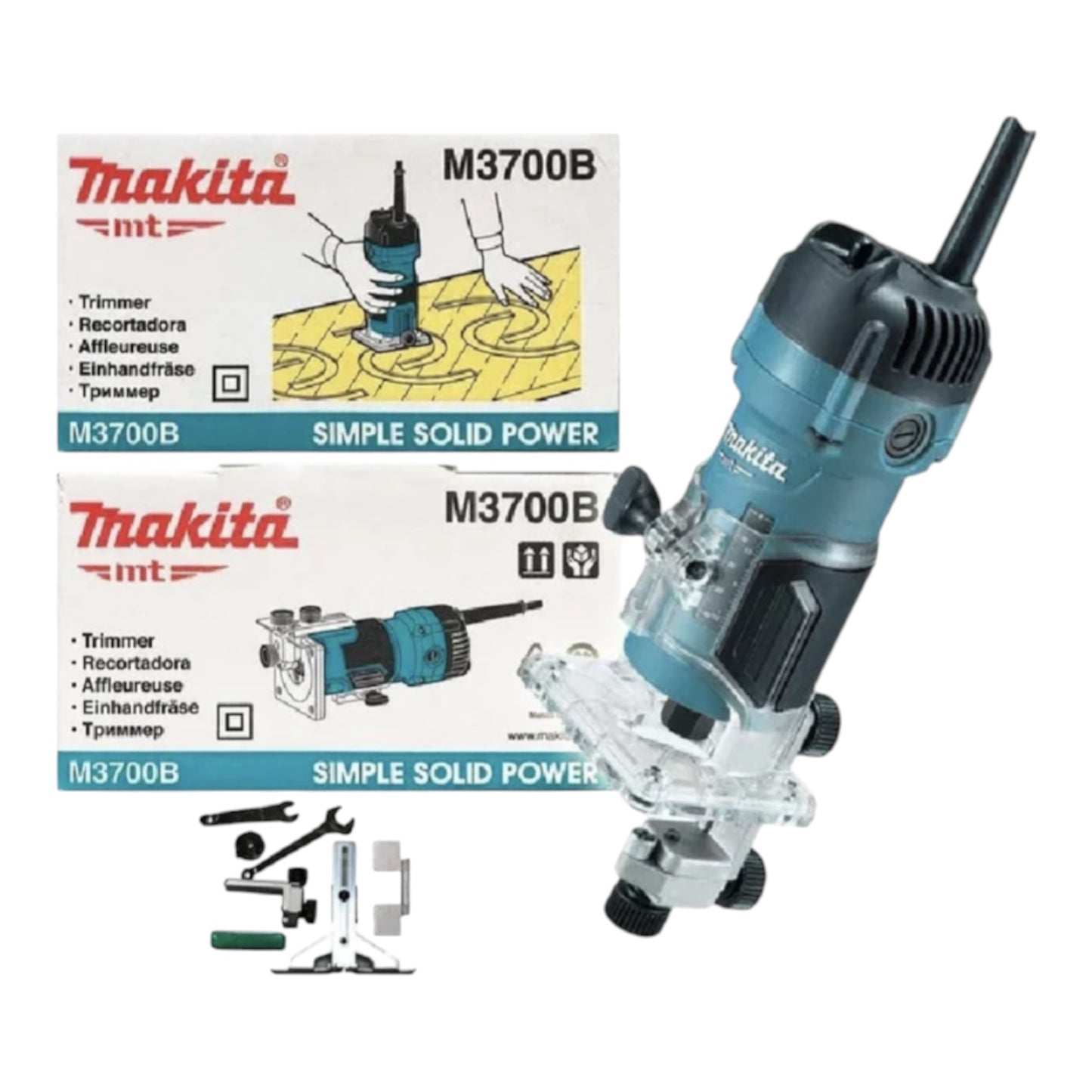 Makita M3700B Simple Solid Power router shown with its retail box and included accessories on a plain white background.