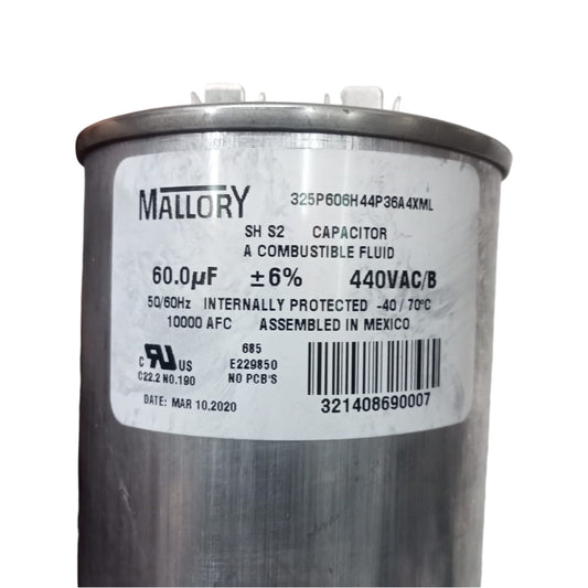 Mallory capacitor with label on a white background Mallory 60uF 440V Oiled Filled Capacitor with Aluminum Body Electx Electrical SUpply
