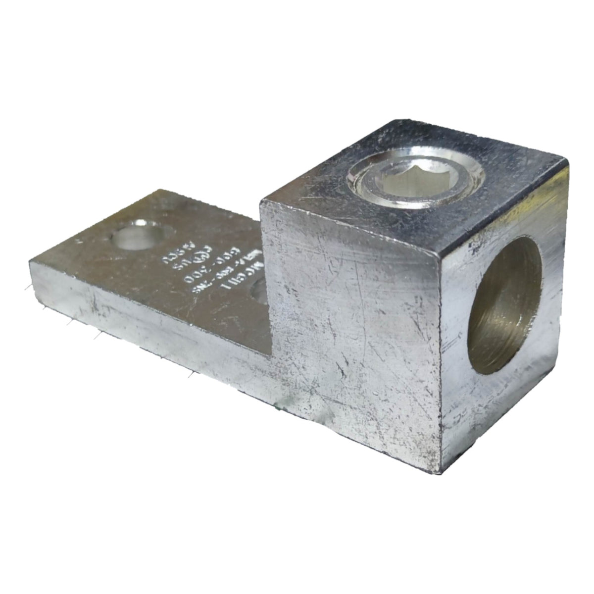 Metal component with two cylindrical holes on a white background