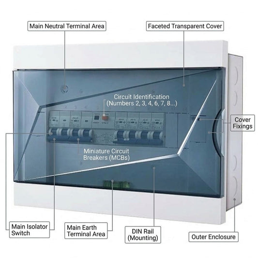 A labeled technical diagram of a white electrical distribution board or circuit breaker enclosure with a transparent front cover, showing callouts for main neutral terminal area, faceted transparent cover, circuit identification, miniature circuit breakers (MCBs), main isolator switch, main earth terminal area, DIN rail, and outer enclosure.