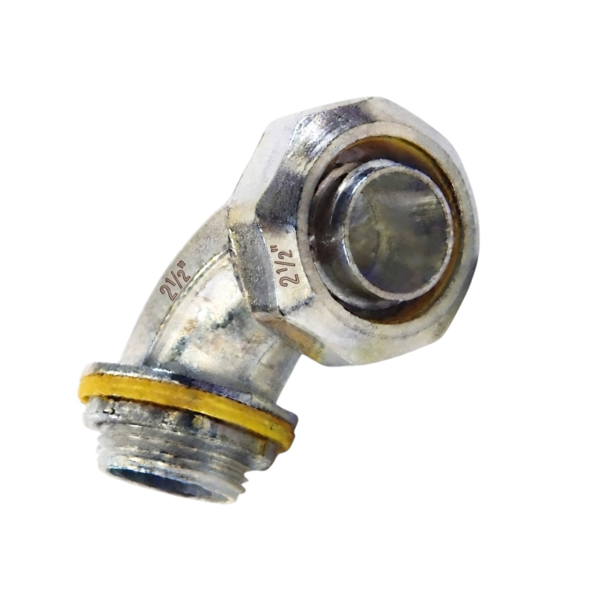 A metal 90-degree elbow fitting with a hexagonal nut end, threaded male end, and a yellow rubber O-ring, isolated on a white background.