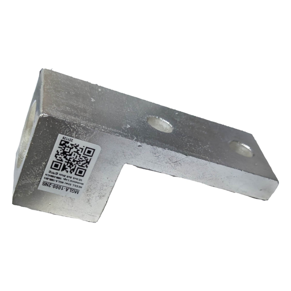 Metal corner bracket with QR code label on a white background