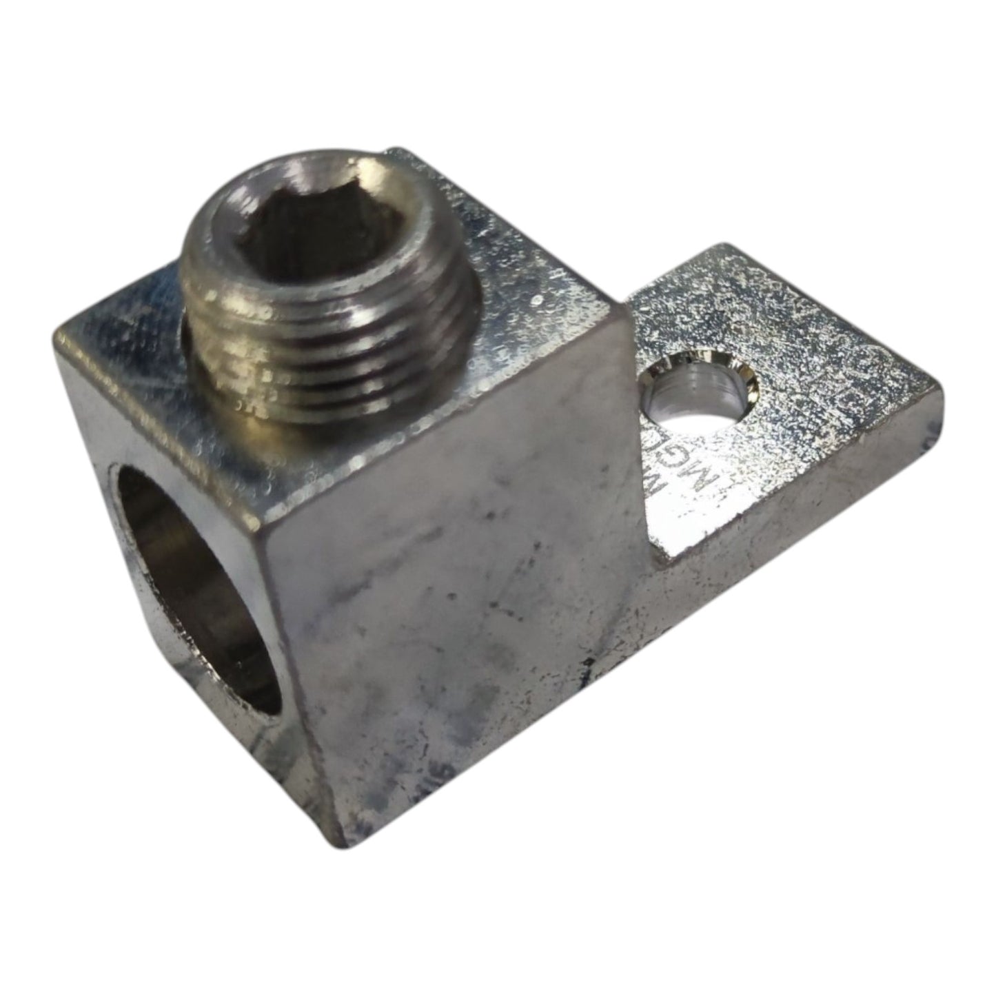 Metal fitting with threaded holes on a white background