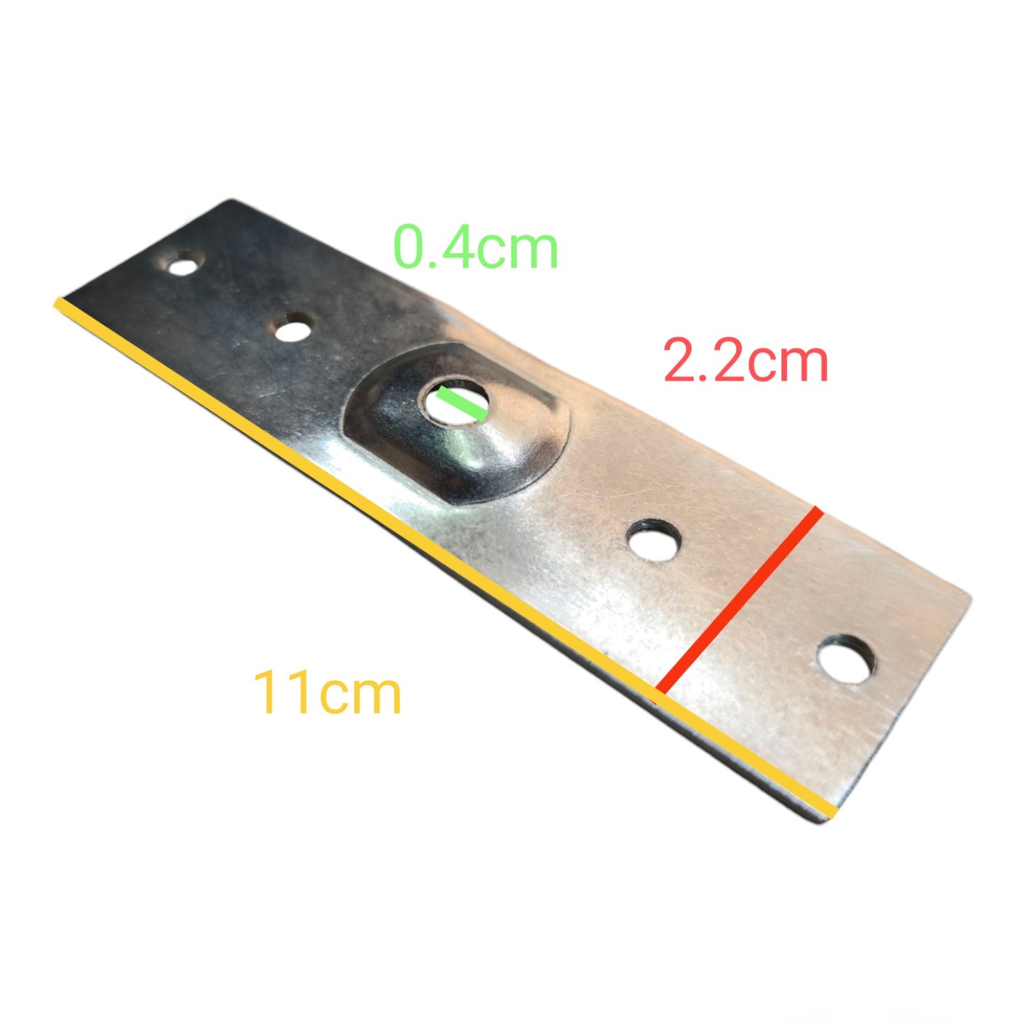 A metal mounting bracket or hardware piece shown on a white background with overlaid dimension labels: 0.4cm, 2.