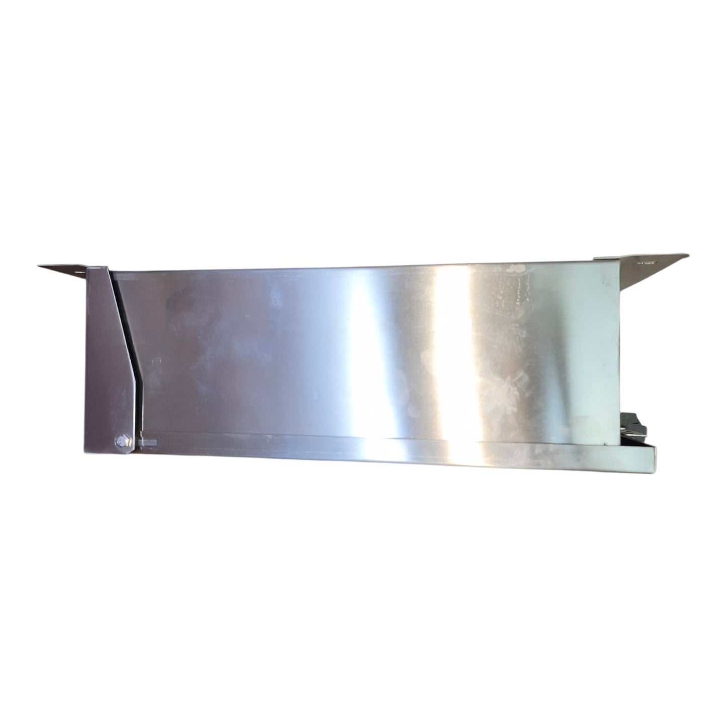 A rectangular stainless steel metal bracket or guard plate with angled flanges on the left and right sides, shown against a plain white background.