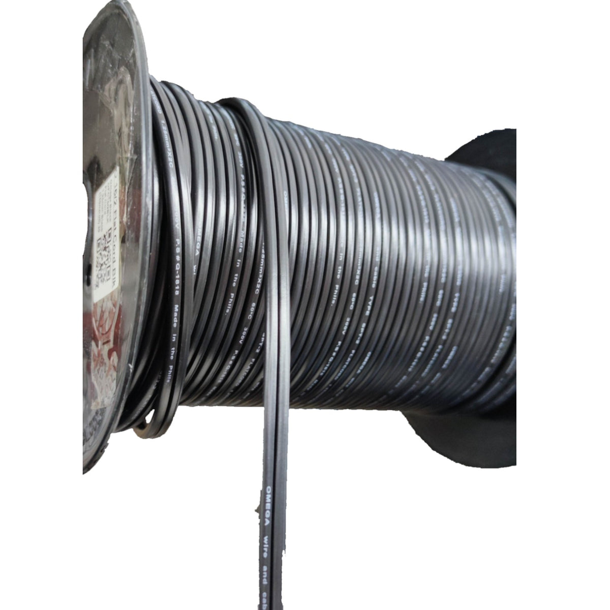 A large spool of black electrical cable, with a single strand unwound in front, shown against a plain white background.